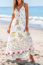 NWT Cupshe Womens White Long Floral Dress Size SMALL Pink Orange Yellow Back Tie