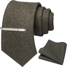"Solid Color Cashmere Wool Necktie and Pocket Square Tie Clip Dark Olive Green "