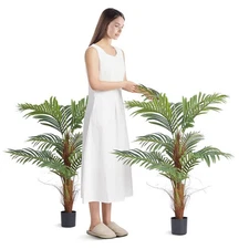 4ft PE Artificial Palm Tree & Anti-Tip Base, Lifelike Green Indoor Outdoor Decor