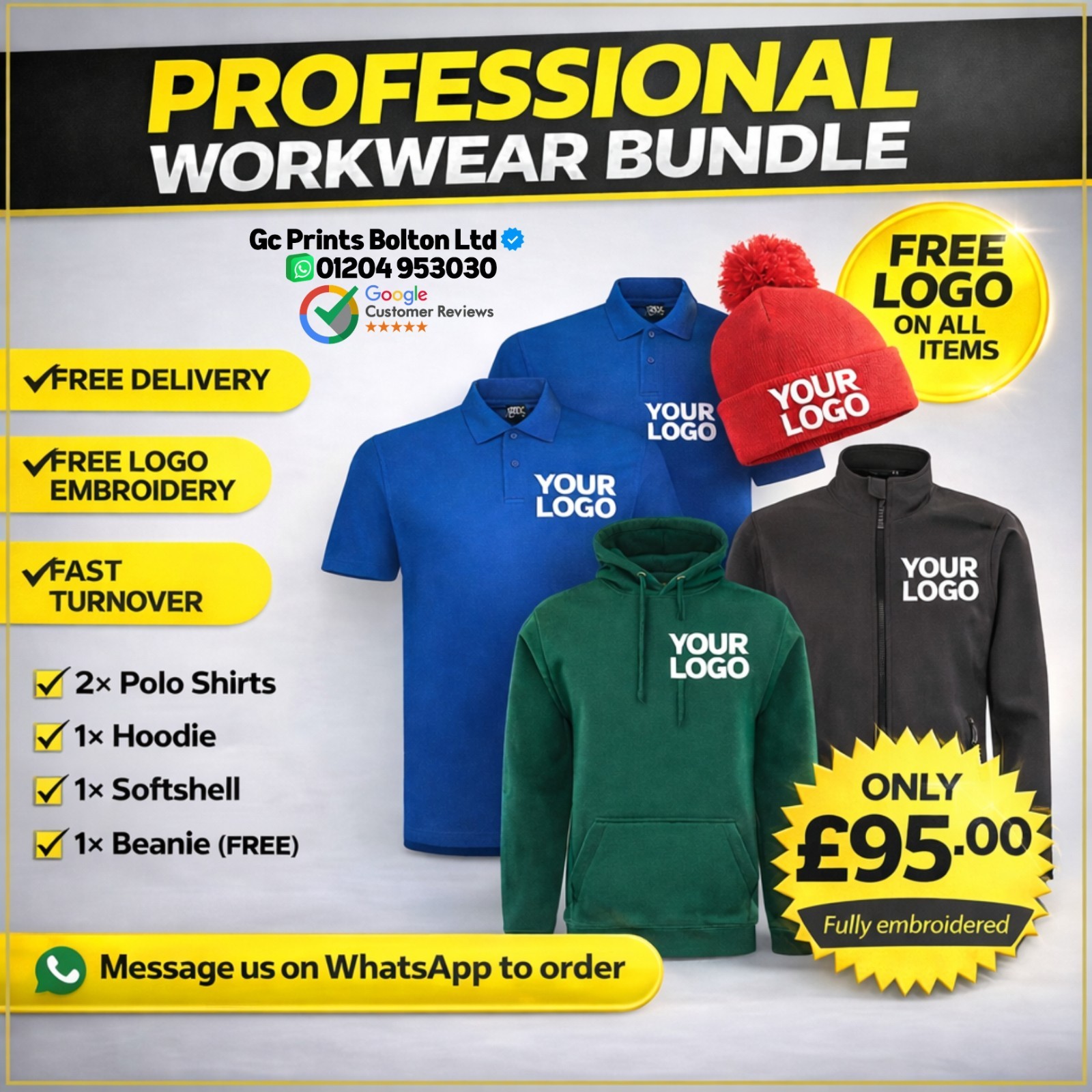 Custom Embroidered Logo Workwear Polo Shirts, Softshell, Hoodie, Beanie Uniform
