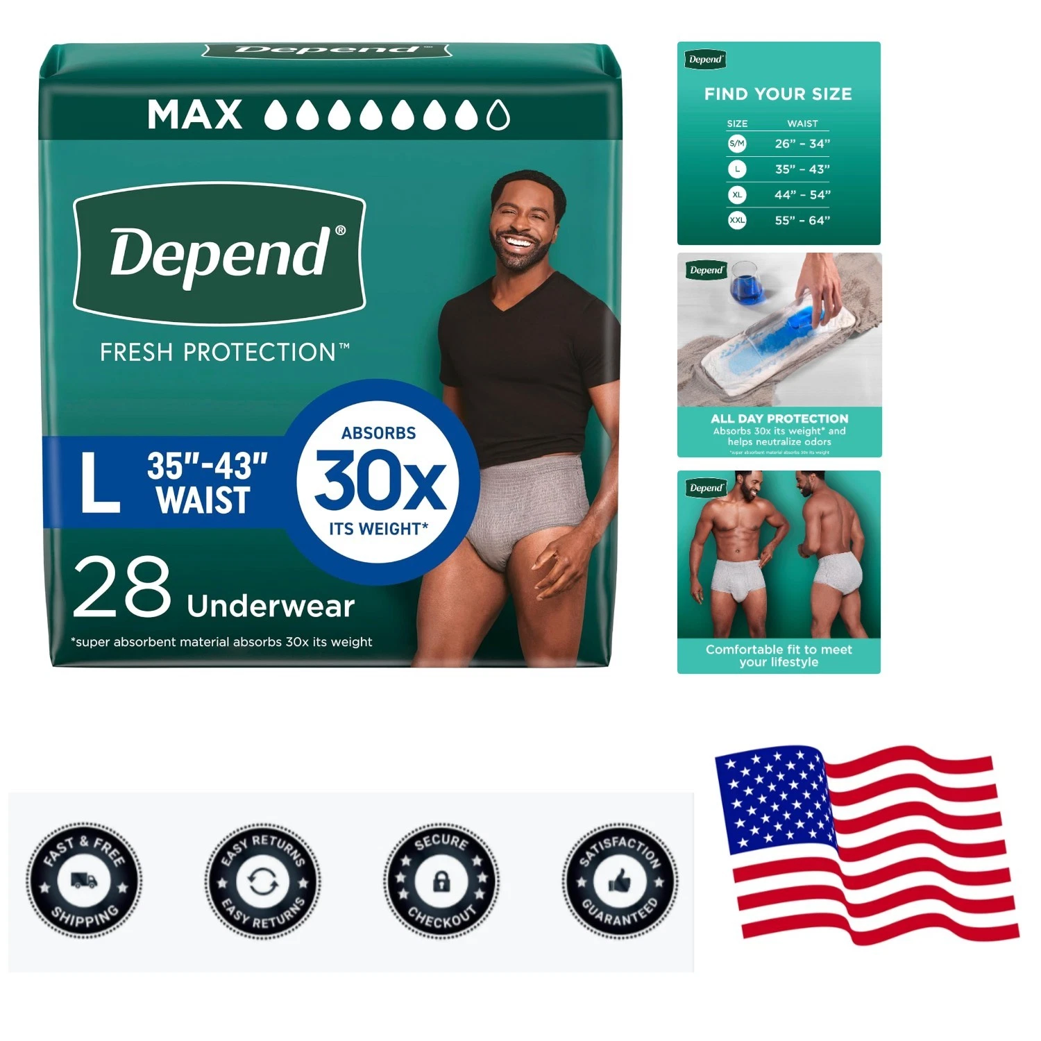 Odor-Control Fresh Protection Diapers for Men, 28 Count, Large, Disposable
