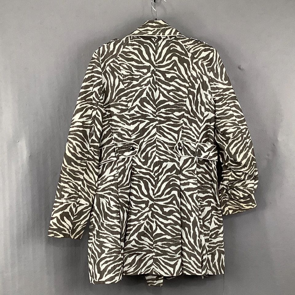 GUESS Impermeable Estampado Cebra Mujer L Blanco Gris Cinturón Abrigo Asimétrico Cremallera Pliegues Foto 2 de 4