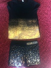 Girls Two Piece Dance Short Outfit, Metallic Rose Gold and Black, Size L