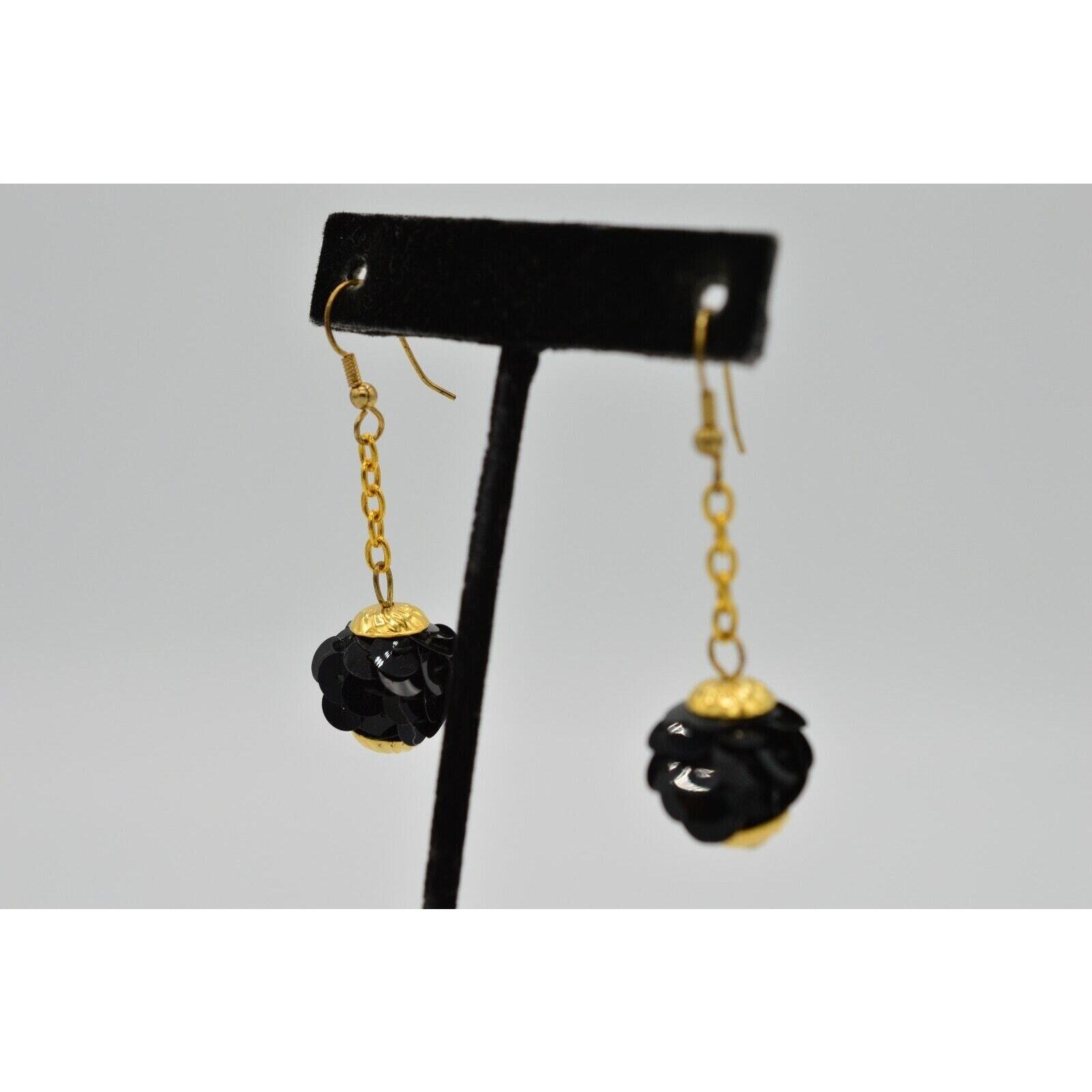 Vintage Statement Earrings Drop Dangle Black Sequ… - image 4