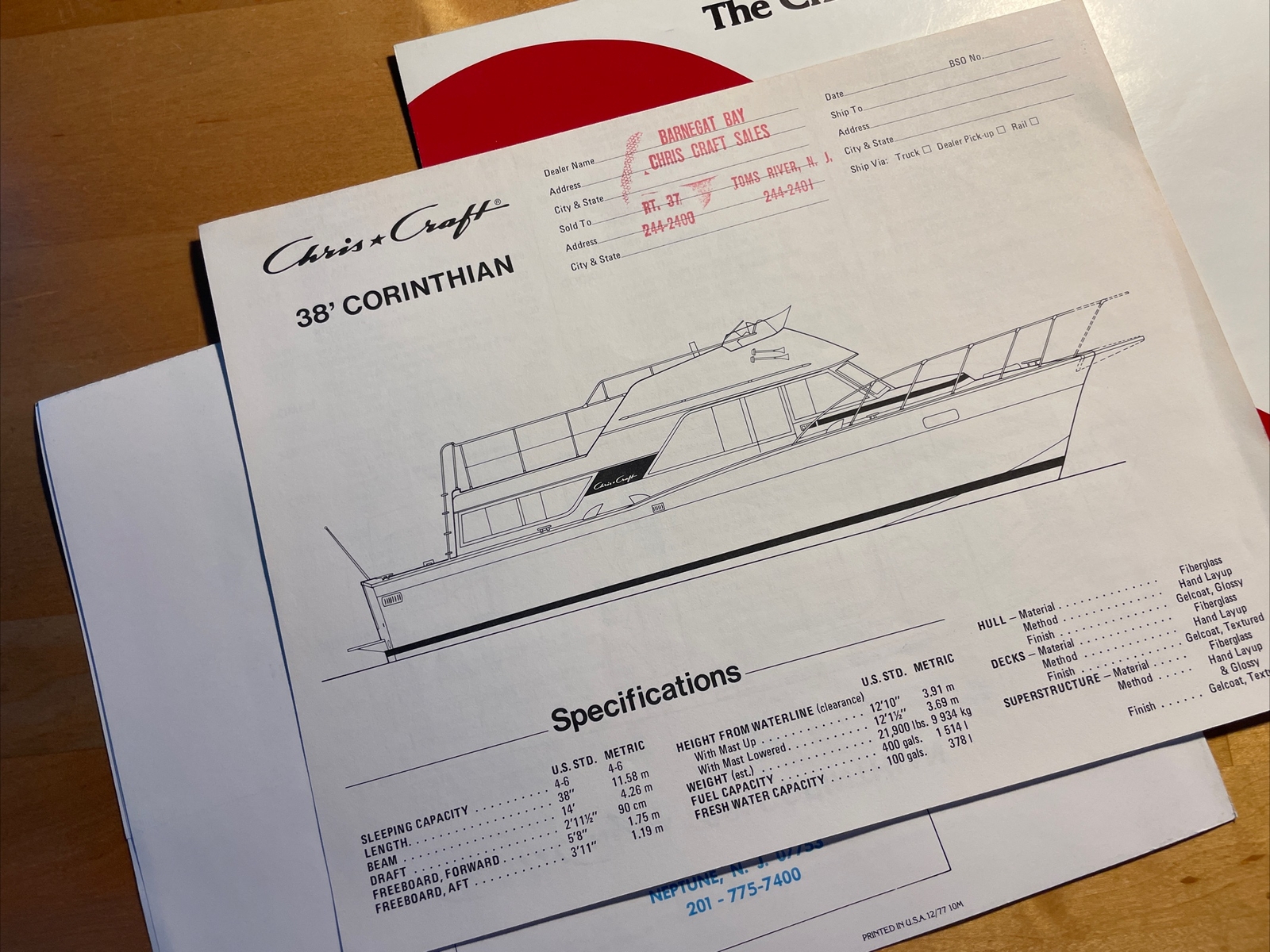 Chris Craft 1977 Vintage Corinthian 38 Yacht Brochure Package With Spec Sheet