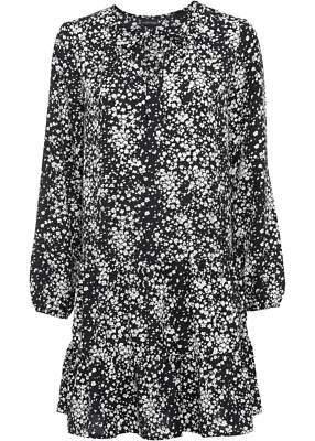 Neu Tunika-Kleid mit Volants Langarm Gr. 48 Schwarz Wollweiß Damen Kurzes-Dress