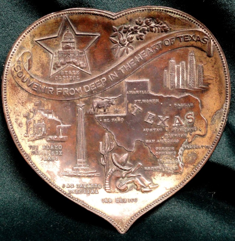 Vintage Heart Shaped Texas Metal Souvenir Trinket Dish Nowotny San Antonio Japan