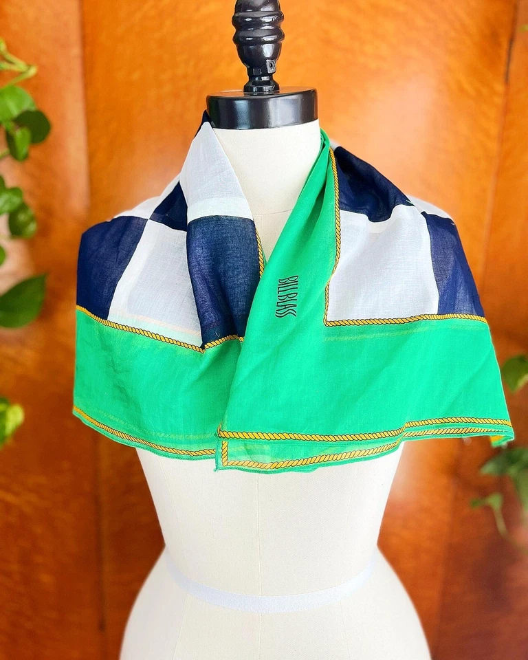 SIGNED BILL BLASS 1990’s 90s Vintage Sheer Cotton Checkered Nautical Scarf Wrap - Imagem 2 de 4