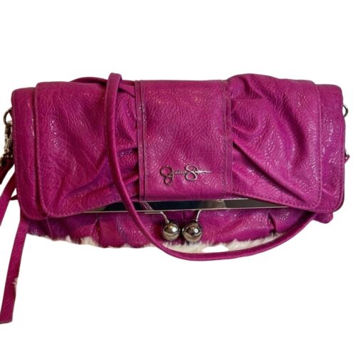 Jessica Simpson Fuchsia Leather Clutch With Shoulder Strap & Kiss Lock Closure