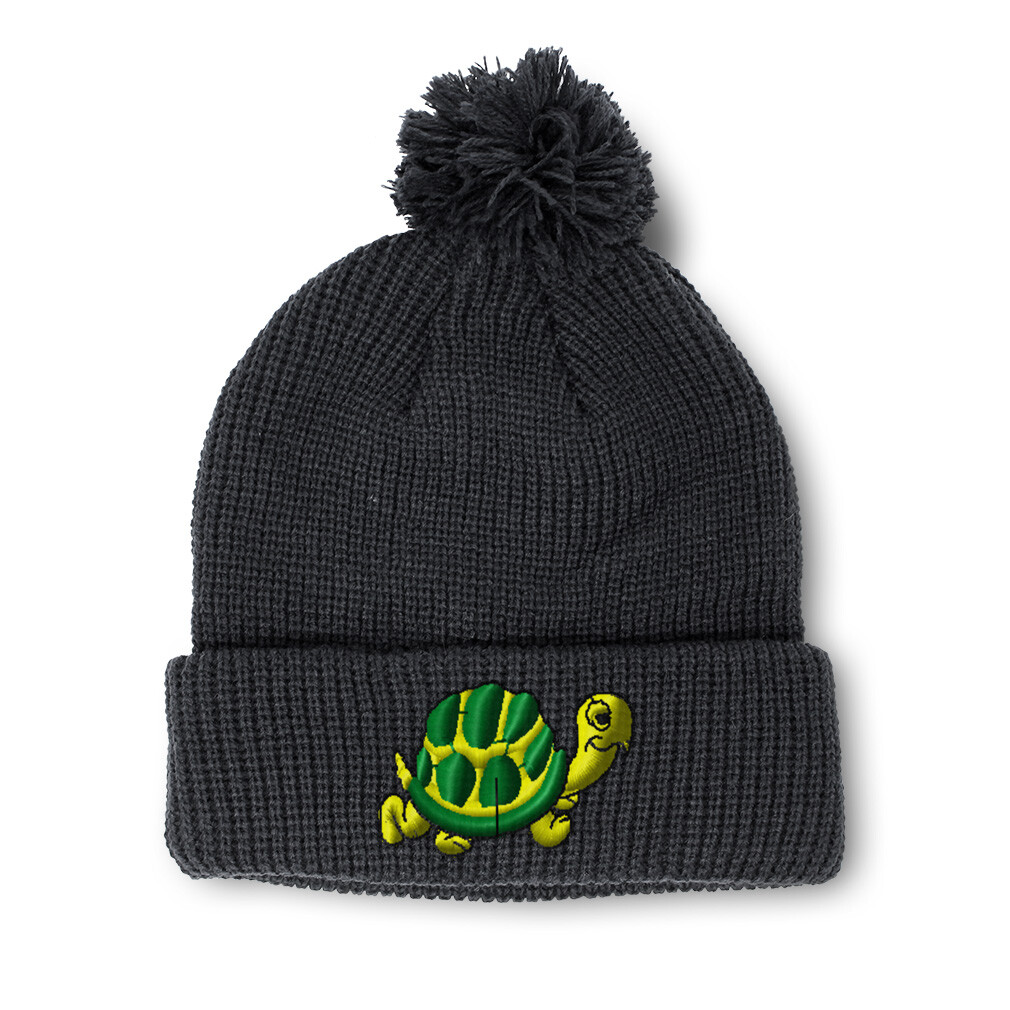 Yellow Turtle Embroidered Pom Pom Beanie for Women & Men Winter Skull Cap