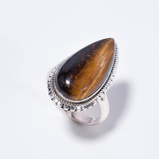 Tiger Eye Gemstone Statement Ethnic Ring Size 925 Sterling Silver