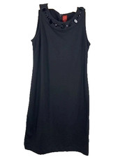 Oscar De Le Renta Co Linen Sz L  Lined Embellished neck Little Black Dress