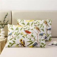 100% Cotton Pillowcases Set of 2 Standard Size Garden Leaves Birds Printed Pi...