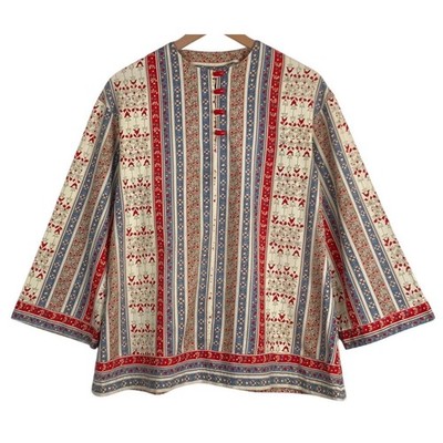 VTG 70s Handmade Floral Striped Toggle Button Tunic Top Sz M Red Blue Cream Boho