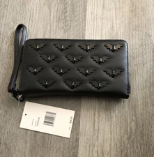 Betsey Johnson Black Bat Studded Black Faux Leather Zip Around Wallet NWT