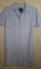 Tahari 100% Linen Shirt Dress Light Blue Button Front Short Sleeve Small