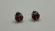 Beautiful Fine .585 14K Yellow Gold Enamel Estate Dainty Lady Bug Stud Earrings