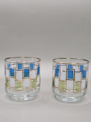 Vtg Libbey Nordic Glasses MCM Blue Green White w/ Gold Trim Rocks 1960s