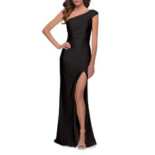 La Femme Black One Shoulder Shiny Ruched Jersey Formal Dress with Slit Size 0