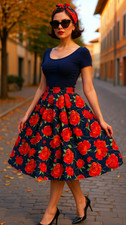 1950s Vintage Retro Rockabilly Circle Skirt Big Roses on navy  print Sizes 10-26
