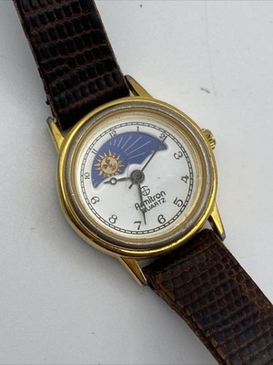 VTG Armitron Quartz Watch Women Moon Phase Gold Tone Leather Analog New Batter