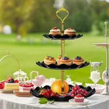 Plastic Cupcake Stand Black 3-Tier, Wave Dessert Display for Party Wedding