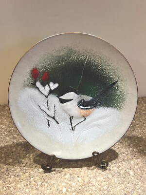 Vtg Norman Brumm 6'' Plate Enamel on Copper Chickadee and Red Berries