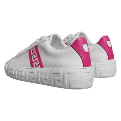 【VERSACE】 white and pink sneakers （関税送料込） VERSACE Shoes White Pink Greca Print Platform Low Top