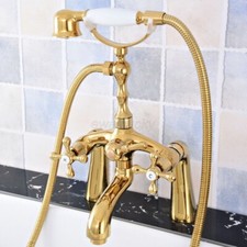 Gold Color Brass Deck Mount Bathtub Clawfoot Faucet Mixer Tap w/ Handheld Shower
