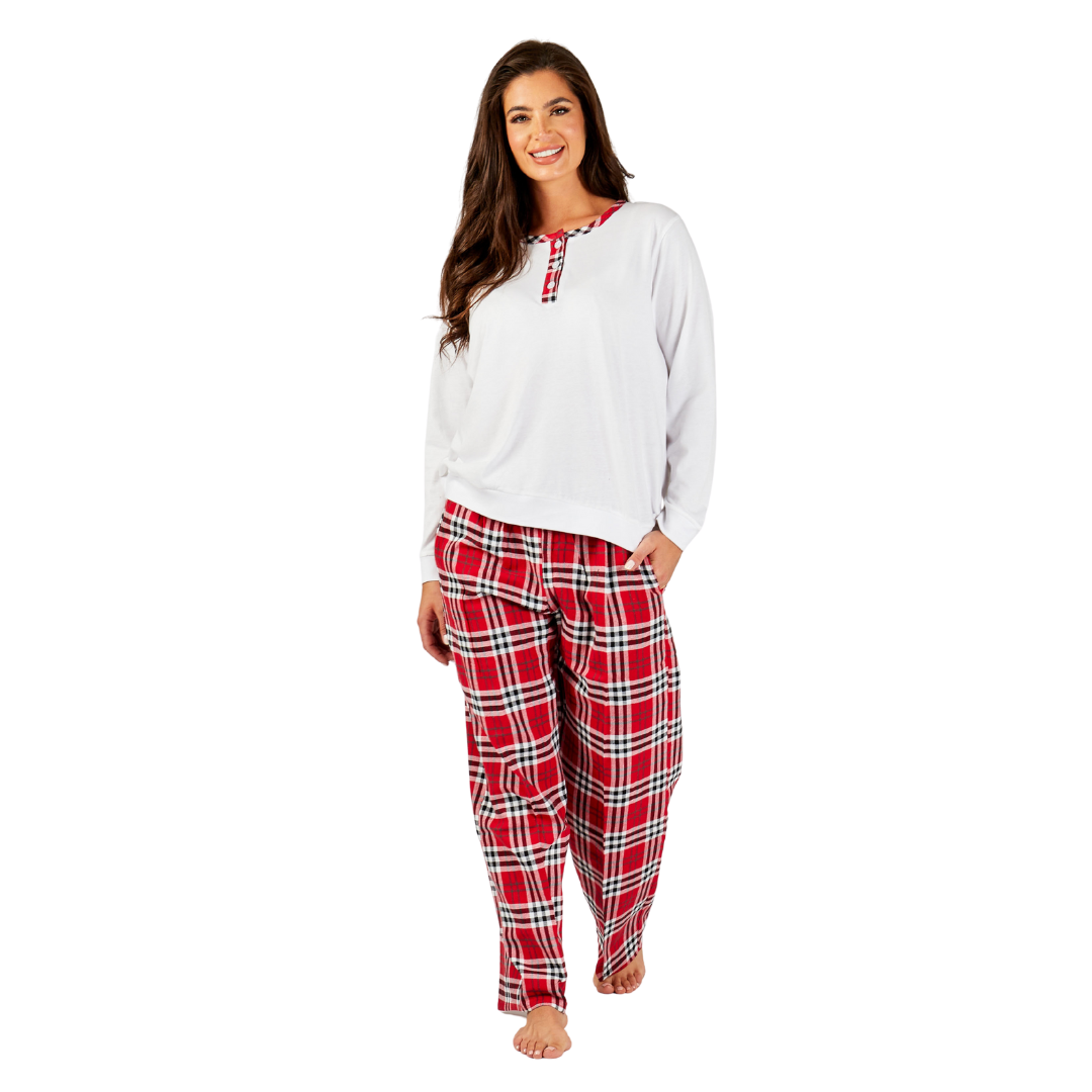 Womens Winter Check Flannel Cotton Pyjamas Set With Long Sleeve Top  Loungewear