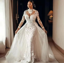 African High Ncek Mermaid Wedding Dresses With Long Sleeves Applique Detachable