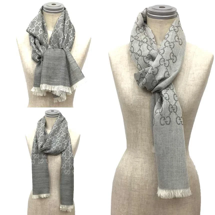 GUCCI Authentique GG Étole Châle Silencieux Matière Laine Soie 180cm Couleur Gris Homme
