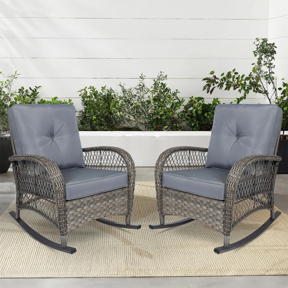 Juego de 2 mecedoras de mimbre para patio exterior muebles de ratán mecedora Foto 2 de 4