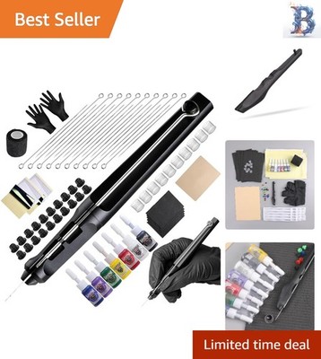 All-Inclusive Tattoo Kit with Practice Skin & Gloves - 7 Colored Inks & Needles