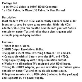 Sega Saturn HDMI Adapter S Video To HDMI 1080P Converter for Retro Game Console