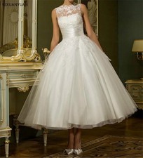 Vintage Tea-Length Ball Gown Tulle Wedding Lace Applique A-line Bridal Gowns