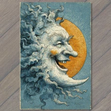 POSTCARD Whimsical Crescent Moon Face Golden Glow Halloween Vintage Style Sky St