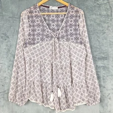 Womens Top XL Boho Babydoll Floral Gauze Hippie Peasant Lace Up Festival Tunic
