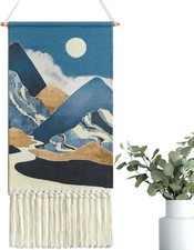 Boho Macrame Wall Tapestry with Moon and Mountain Design for Home Decor