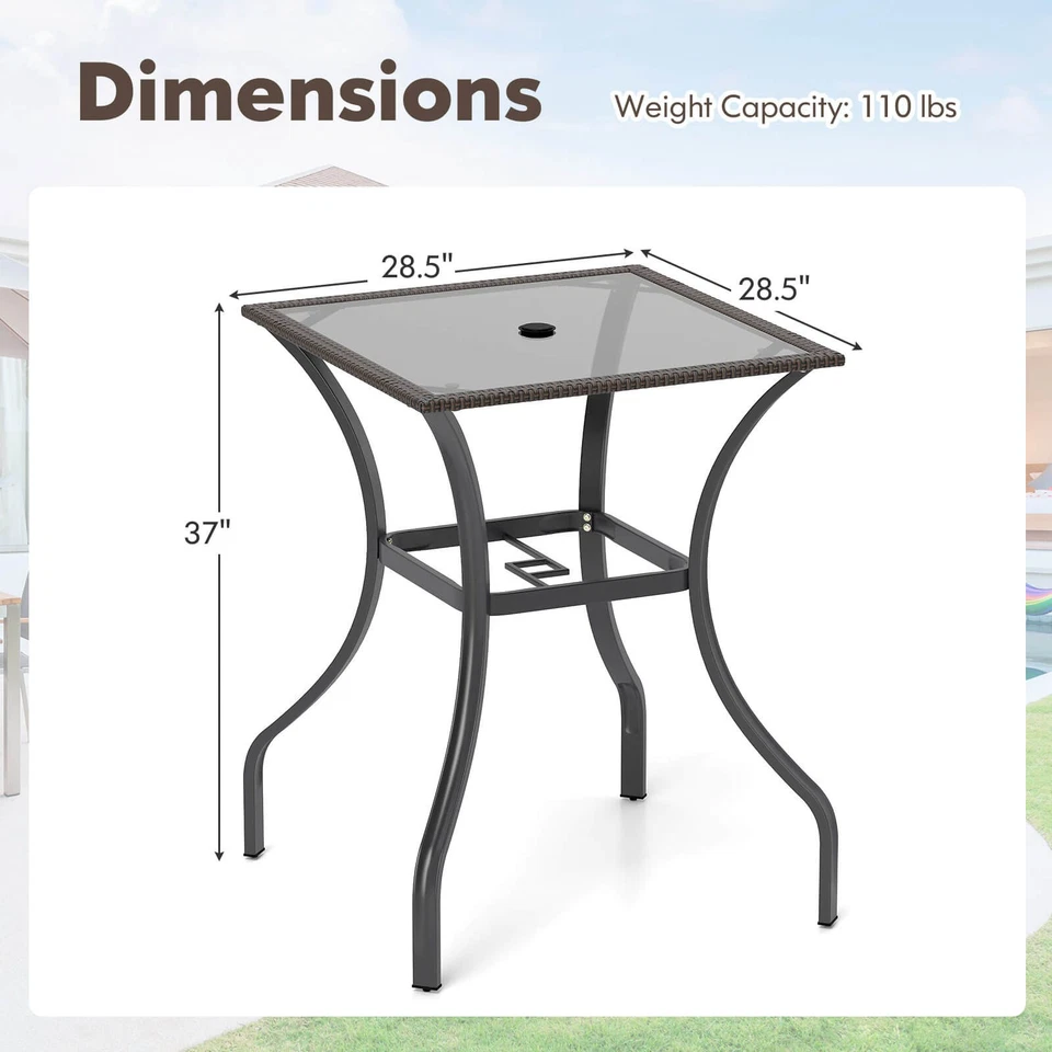 28.5'' Square Bistro Bar Table w/ 2" Umbrella Hole Silkscreen Glass Tabletop - Image 2 of 4