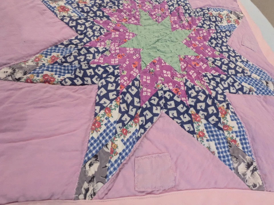 Vintage handmade quilt blue floral star cotton primitive As Is - Image 4 of 4