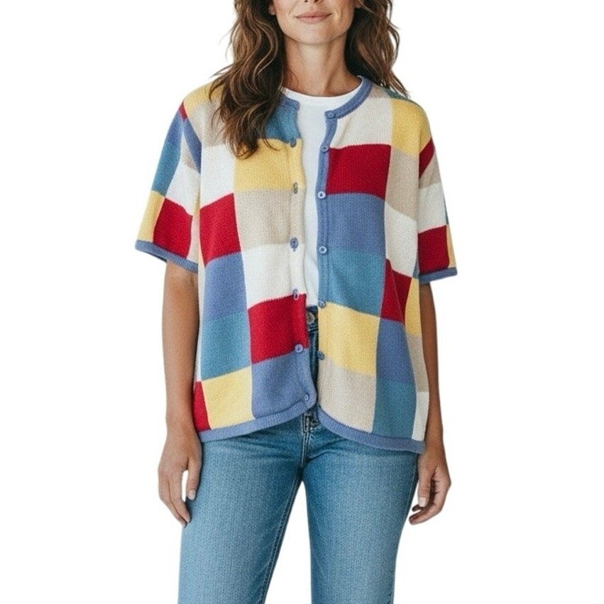 Patchwork Checked Knit Short Sleeve Cardigan Wome… - image 17