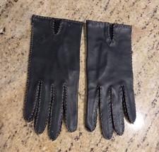 Vintage Womens Size M Black Faux Leather Gloves Contrast Stitching