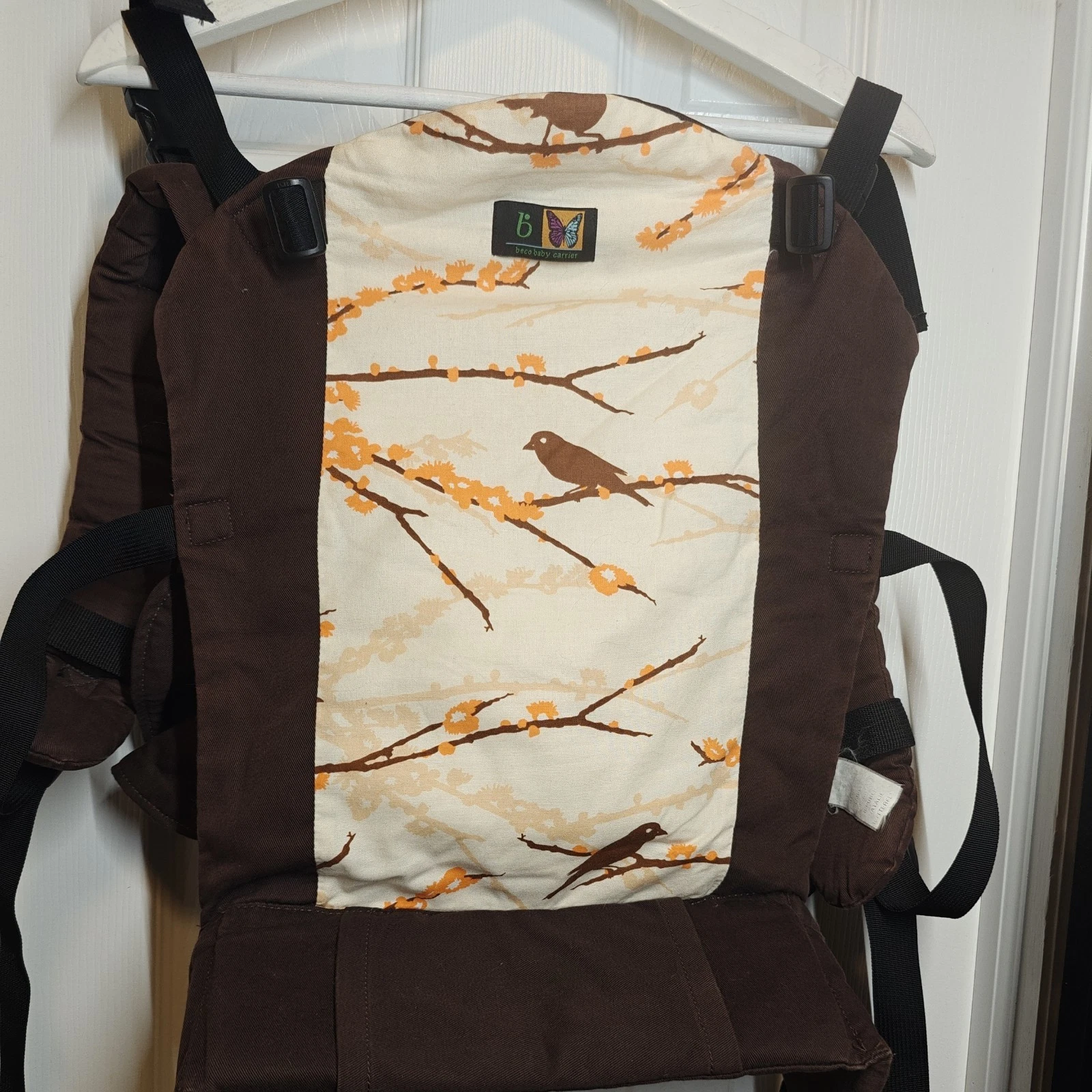 BECO Butterfly Baby carrier brown with birds print extra secure used