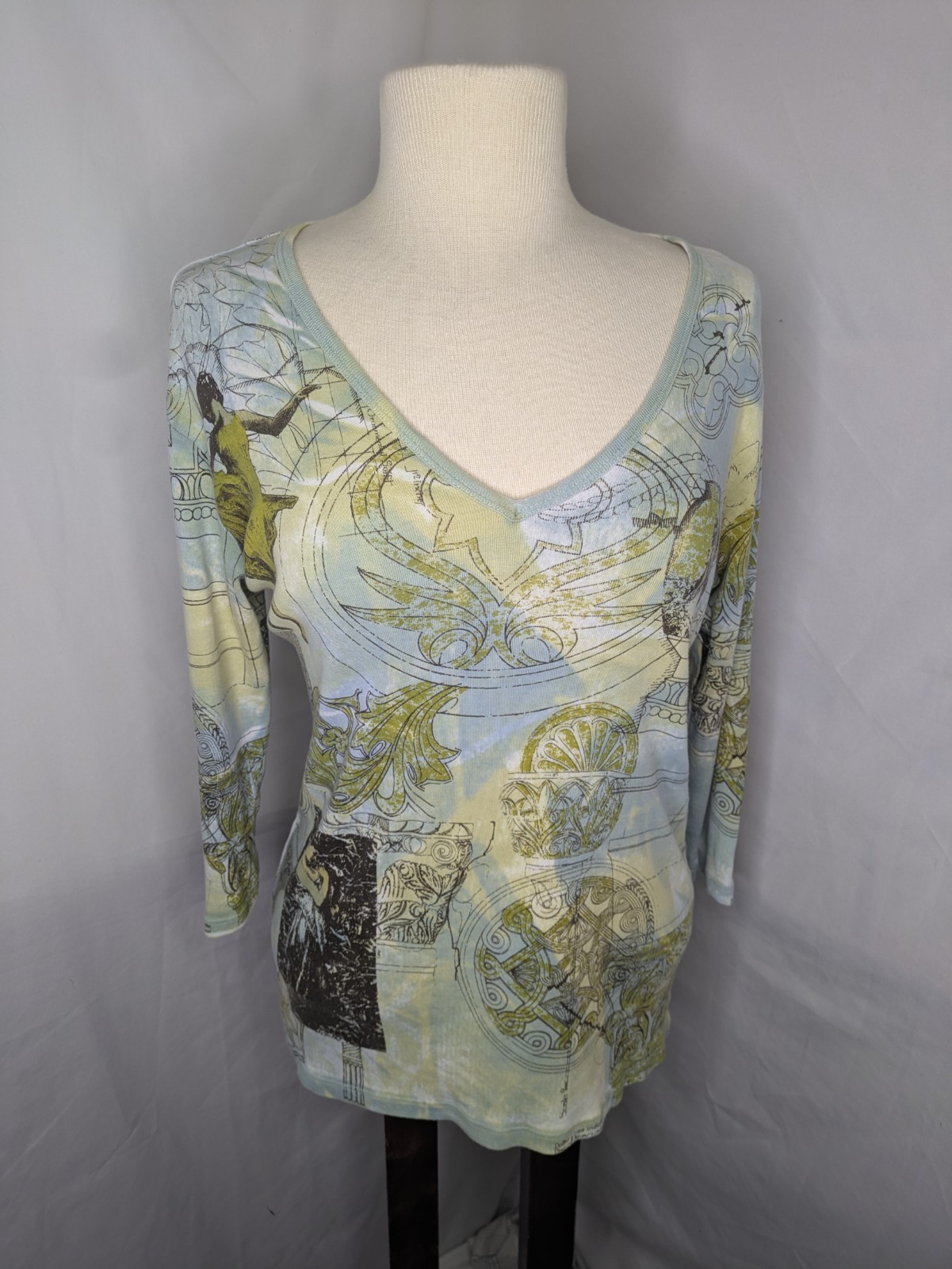 Glima Women Tshirt Y2K Top USA Vintage Size L Rome Graphic Green 3/4 sleeve