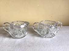 Vtg Clear Cut Crystal Glass Etched Floral Handled Creamer Open Sugar Bowl Set