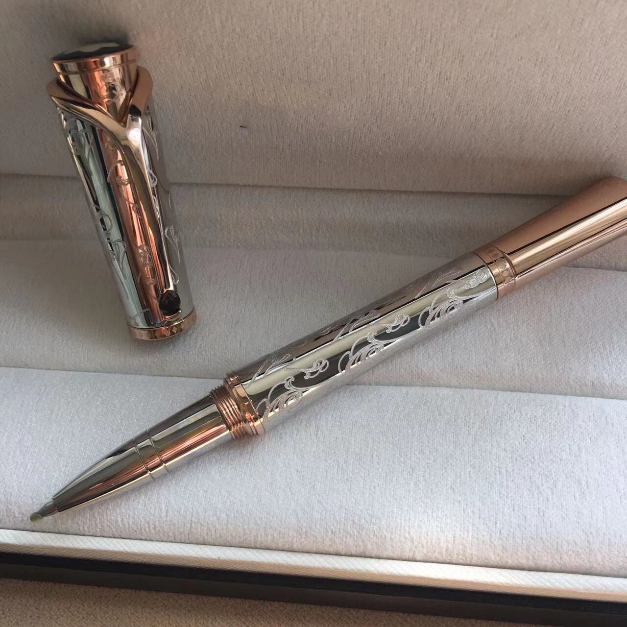 Deluxe Princess Series Silver Pattern - Rose Gold Rollerball Pen No Box