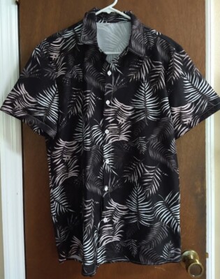 Men's Dress Shirt, Black w / Palm Fronds, Silky Feel, Unbranded, Size Medium GUC