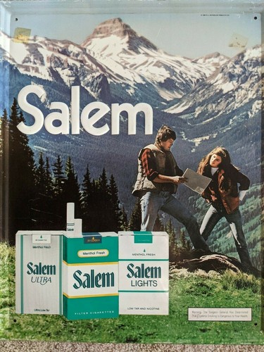 Vintage Salem Cigarettes Metal Tin Sign Man Cave 80s tobacciana 21x17" Mountains - Picture 2 of 9