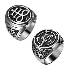 2pcs Baphomet Pentagram Satan Goat Lucifer Ring Cross Devil Men's Gothic Band